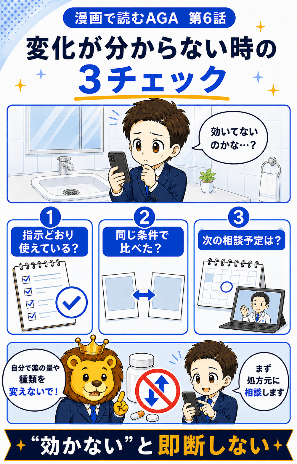 変化が分からないときに指示、比較条件、相談予定を確認