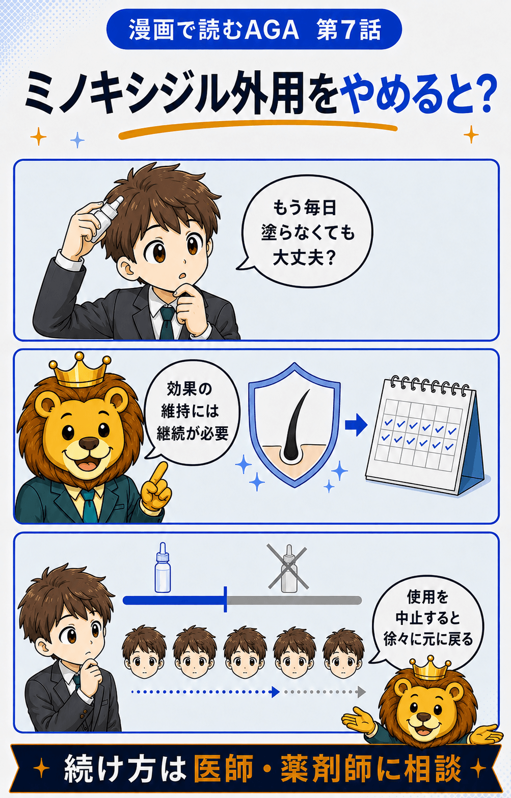 ミノキシジル外用を中止すると徐々に元の状態へ戻ることを解説
