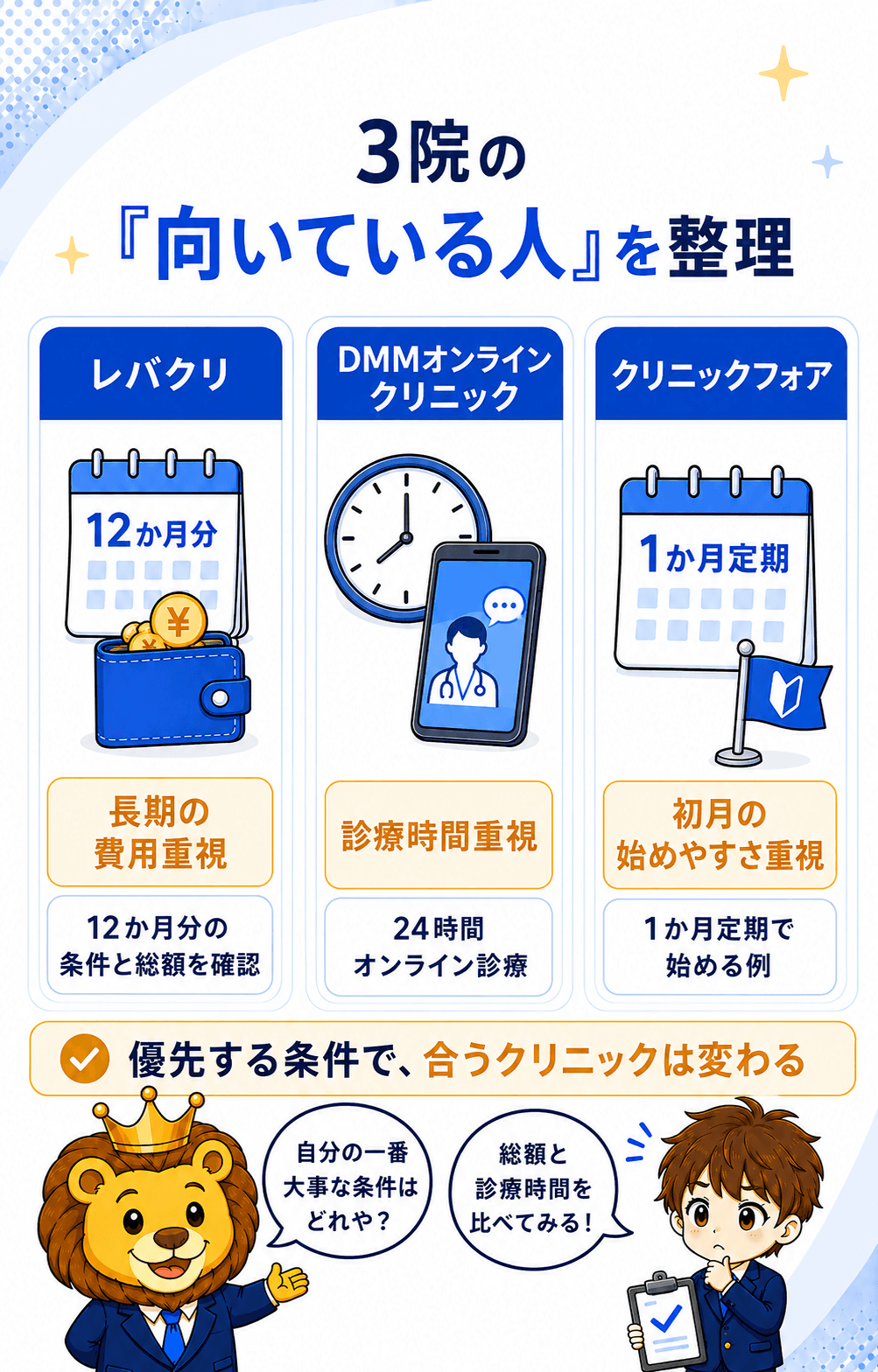 主要3クリニックが向いている人を条件別に整理