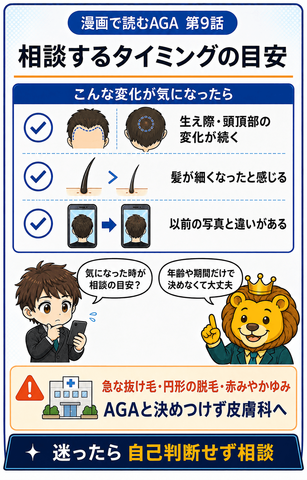 生え際や頭頂部の変化、髪の細さ、以前の写真との違いを相談の目安にする