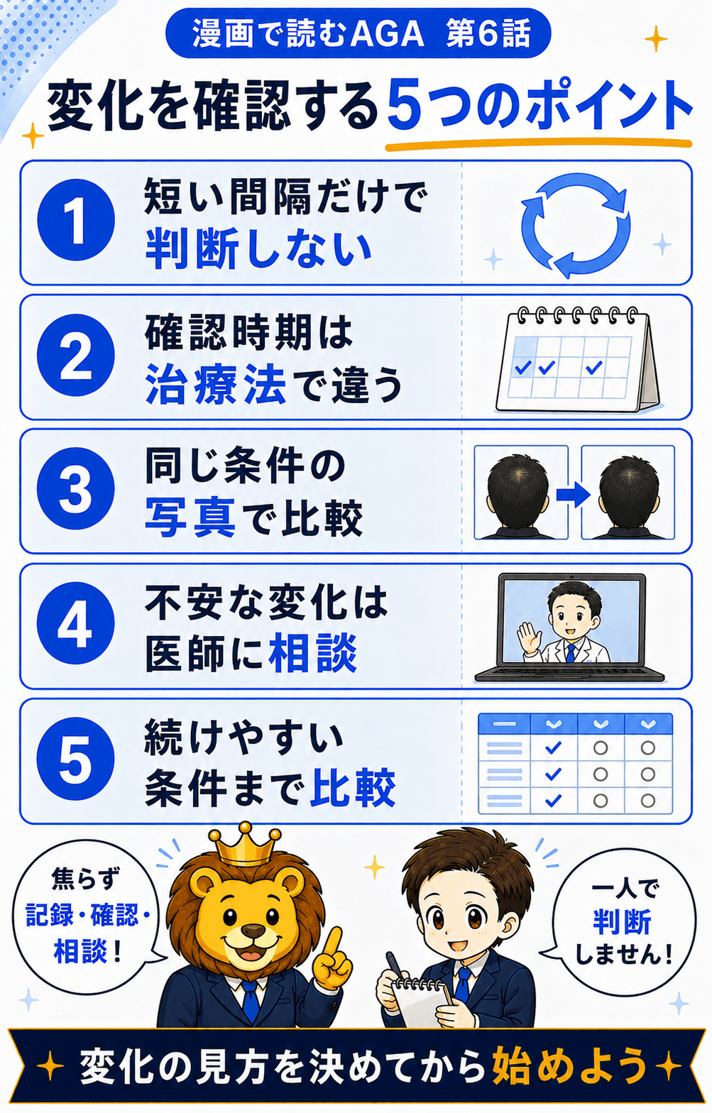 AGA治療の変化を確認する5つのポイントを一覧で整理