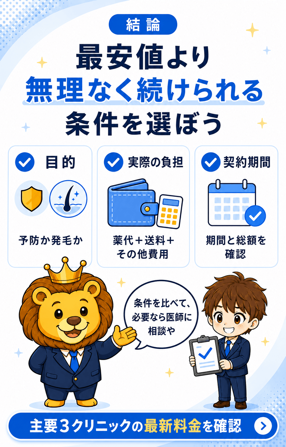 無理なく続けられるAGA治療条件を選ぶ結論