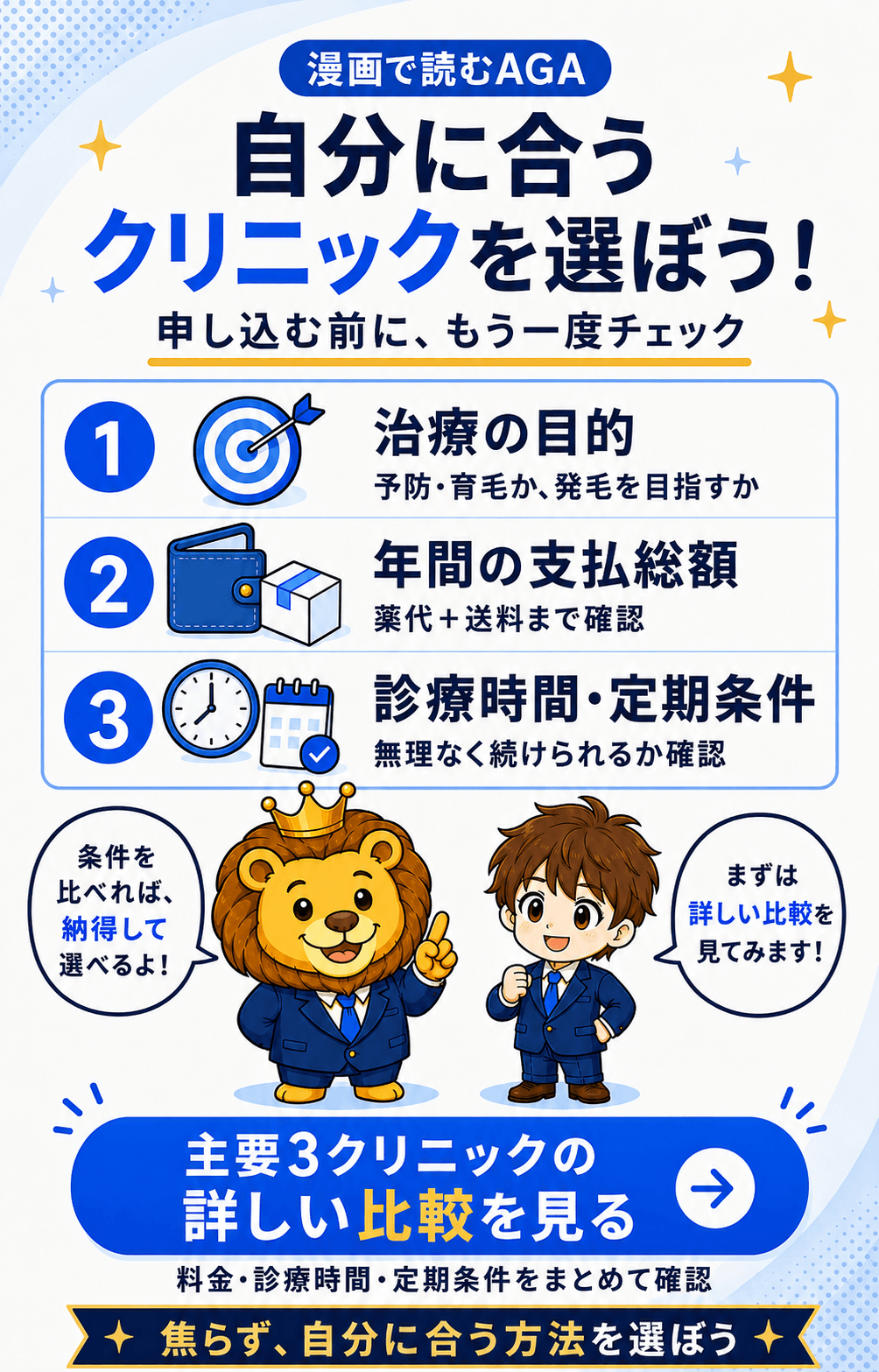 治療目的、年間総額、診療時間と定期条件を確認してクリニックを選ぶ