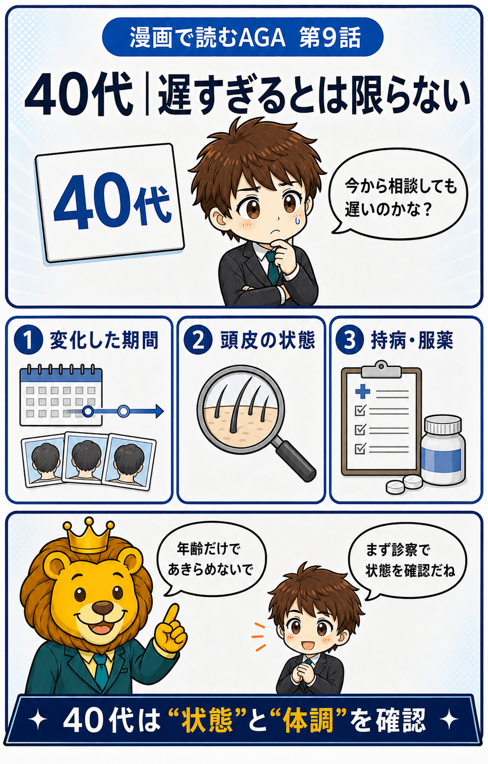 40代は遅すぎると決めつけず、変化した期間、頭皮、持病、服薬を確認